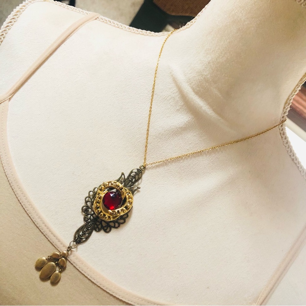 Handcrafted brass filigree gold dangle pendant on chain necklace